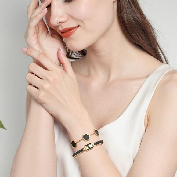 Women’s Gold-Black Stainless Steel H Bangle & Lucky Five-Leaf Clover Bracelets S - Picture 3 of 7